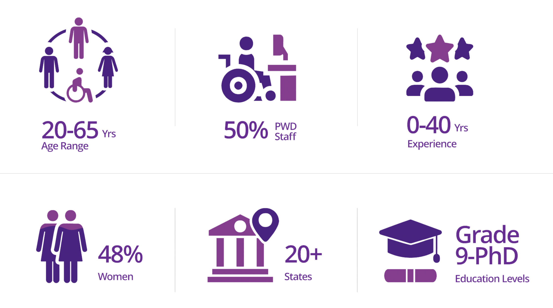 Diversity statistics infographic showing age range 20–65 years, 50% persons with disabilities staff, 0–40 years of experience, 48% women, presence in 20+ states, and education levels from grade 9 to PhD.