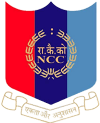 Logo for NCC (National Cadet Corps) on a red, dark blue, and light blue shield.