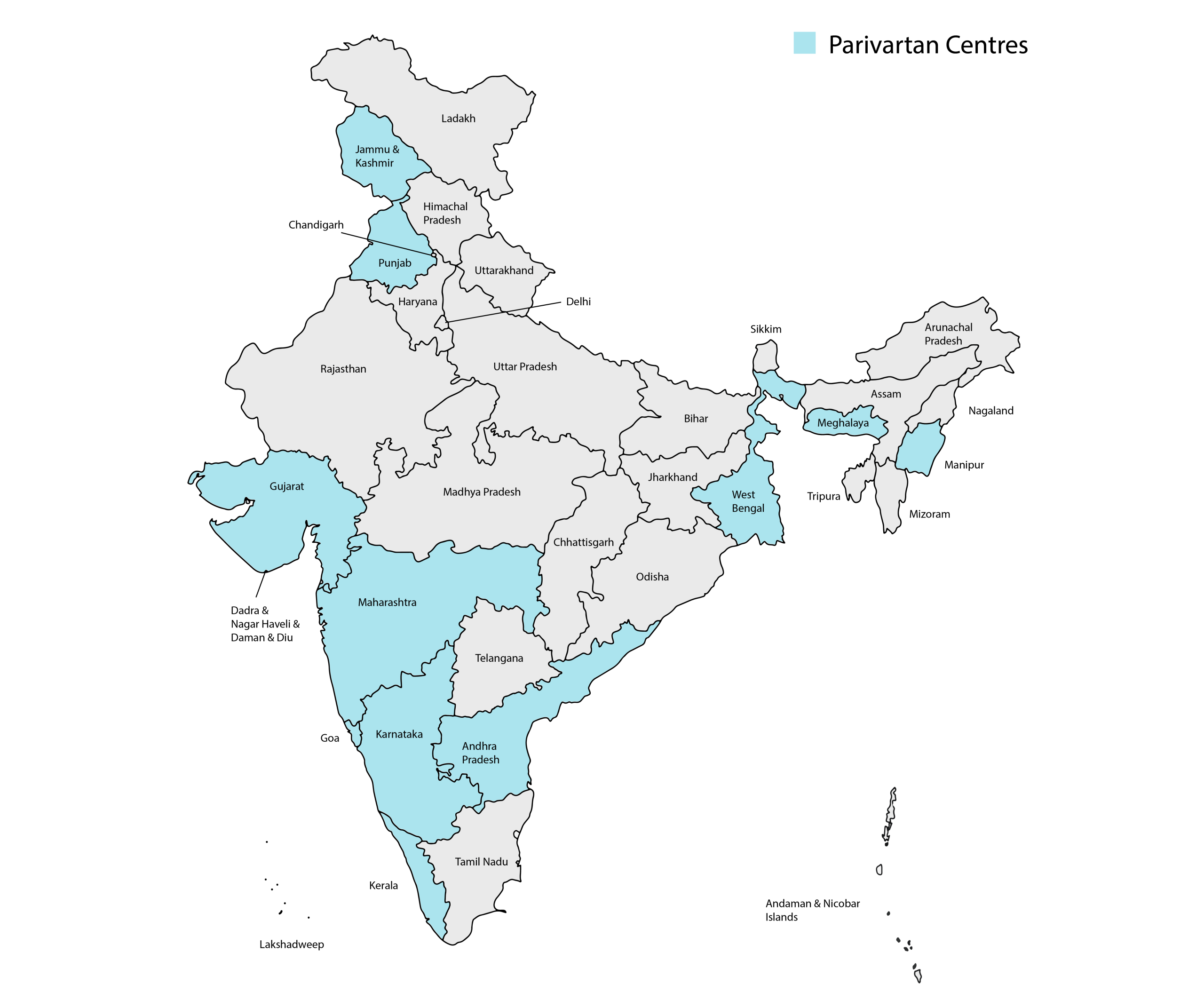 A map of India highlighting the states and union territories with Parivartan Centres.