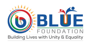 Logo for BLUE Foundation, with a colorful sun/circular symbol and the tagline "Building Lives with Unity & Equality."