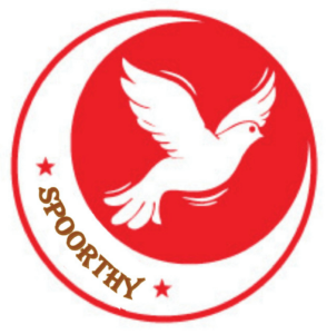 Logo for Spoorthy, featuring a white dove flying within a red circle, framed by a crescent shape.
