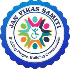 Logo for Jan Vikas Samiti, a circular design with a ring of colorful abstract figures holding hands around a disabled access symbol.