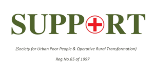 Logo for SUPPORT, with a red medical cross replacing the 'O', and the full name: "Society for Urban Poor People & Operative Rural Transformation."