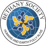 Logo for BETHANY SOCIETY, featuring a blue globe with yellow and dark blue interlocking figures at the center, and the motto "Humans and Earth Fully Alive."