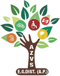 Logo for AZVS E.G. DIST. (A.P.), depicting a tree with various welfare icons (eye, brain, disability symbol, etc.) on its leaves.