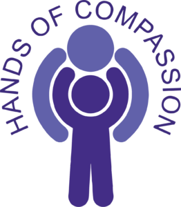 Logo for Hands of Compassion, featuring a purple stylized figure being embraced by another larger figure.