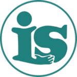 Abstract teal logo featuring the letters 'i' and 's' with a hand underneath the 'S', all enclosed in a circle.