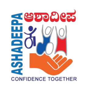 Logo for ASHADEEPA "Confidence Together," featuring an open hand supporting abstract figures, one of which is a disability symbol, with Kannada and English text.