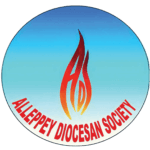 Logo for Alleppey Diocesan Society with a flame design on a blue background.