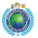 Logo with a globe, a wreath, and text 'Peace for All Nations, We are for the People'.