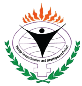 Logo for Village Reconstruction and Development Project, featuring a stylized figure on a globe with flames above and a laurel wreath below.