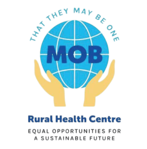 Logo for MOB Rural Health Centre, featuring a blue globe cradled by two hands, with the motto "That they may be one."