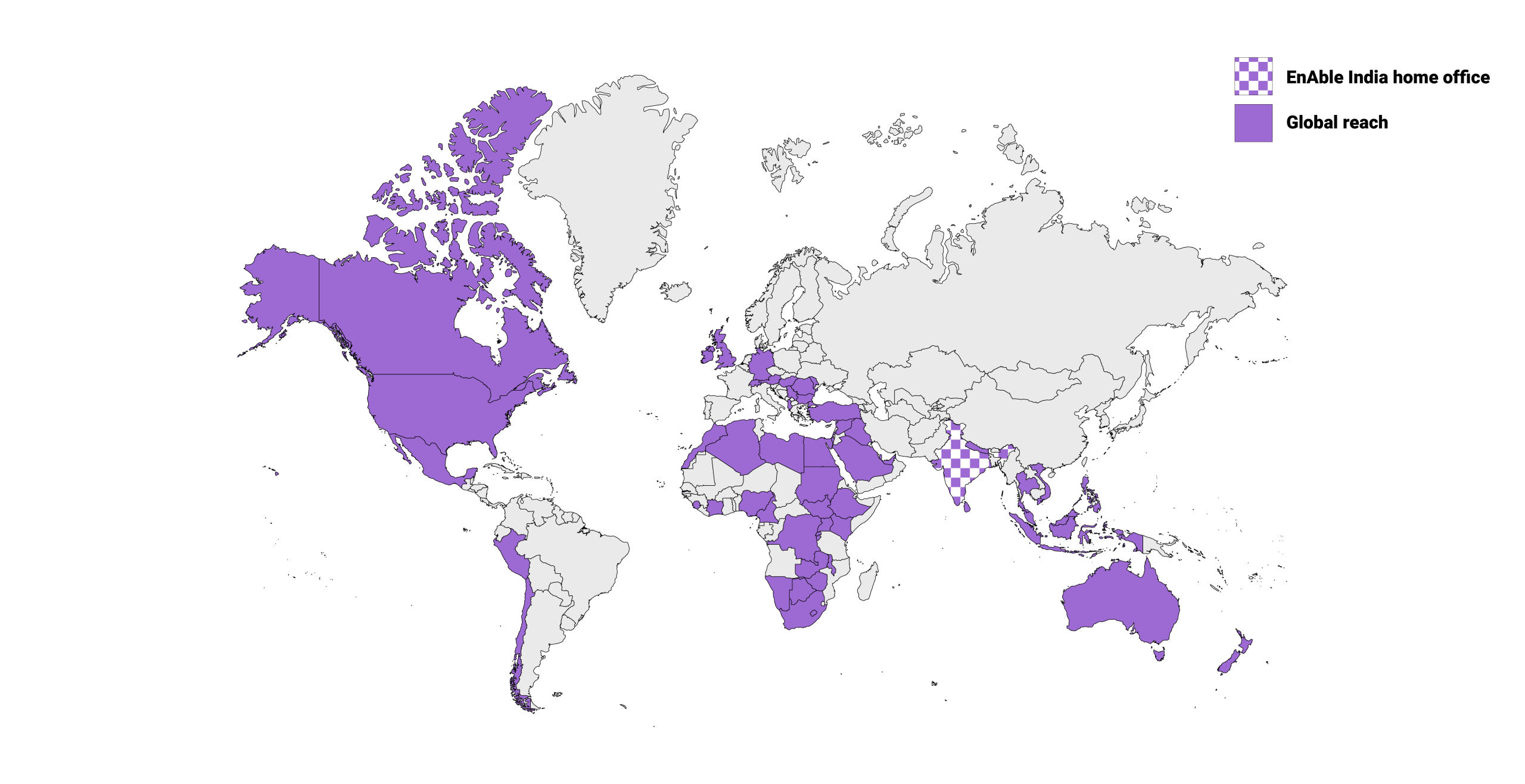A world map showing EnAble India Headquarters in India and its global reach across other continents.